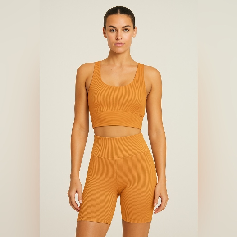 Year Of Ours Ribbed Matching Set Small Orange Biker Shorts Sports Bra Workout